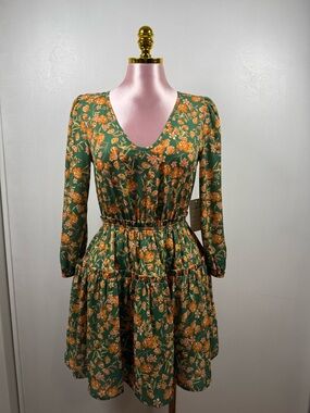 Sienna Sky Green Floral V-Neck Tiered Long-Sleeve Dress S/M